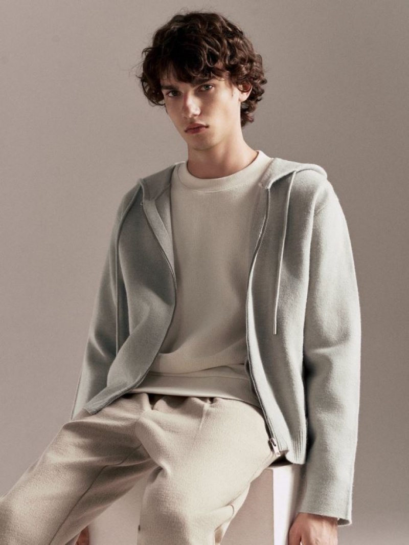 Light Grey Urban Revivo Zipper Front Hooded Knitted Men's Cardigan | JSEHTV-497
