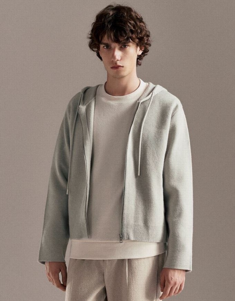 Light Grey Urban Revivo Zipper Front Hooded Knitted Men\'s Cardigan | JSEHTV-497
