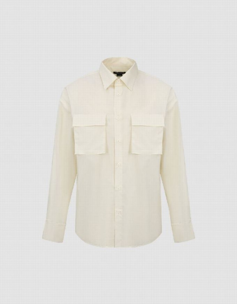 Light Khaki Urban Revivo Button Up Loose With Pockets Men's Shirts | EKJNDB-879