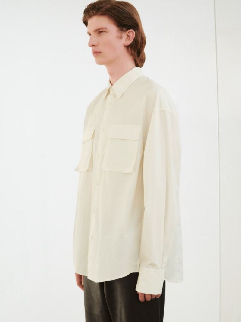Light Khaki Urban Revivo Button Up Loose With Pockets Men's Shirts | EKJNDB-879