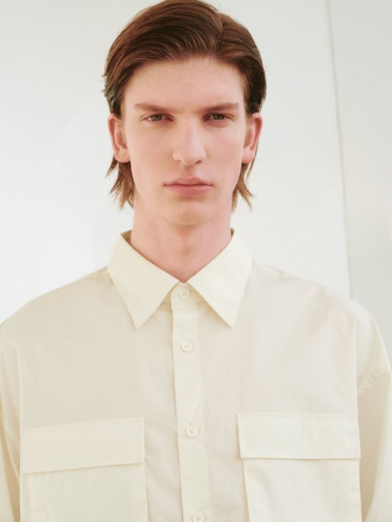 Light Khaki Urban Revivo Button Up Loose With Pockets Men's Shirts | EKJNDB-879