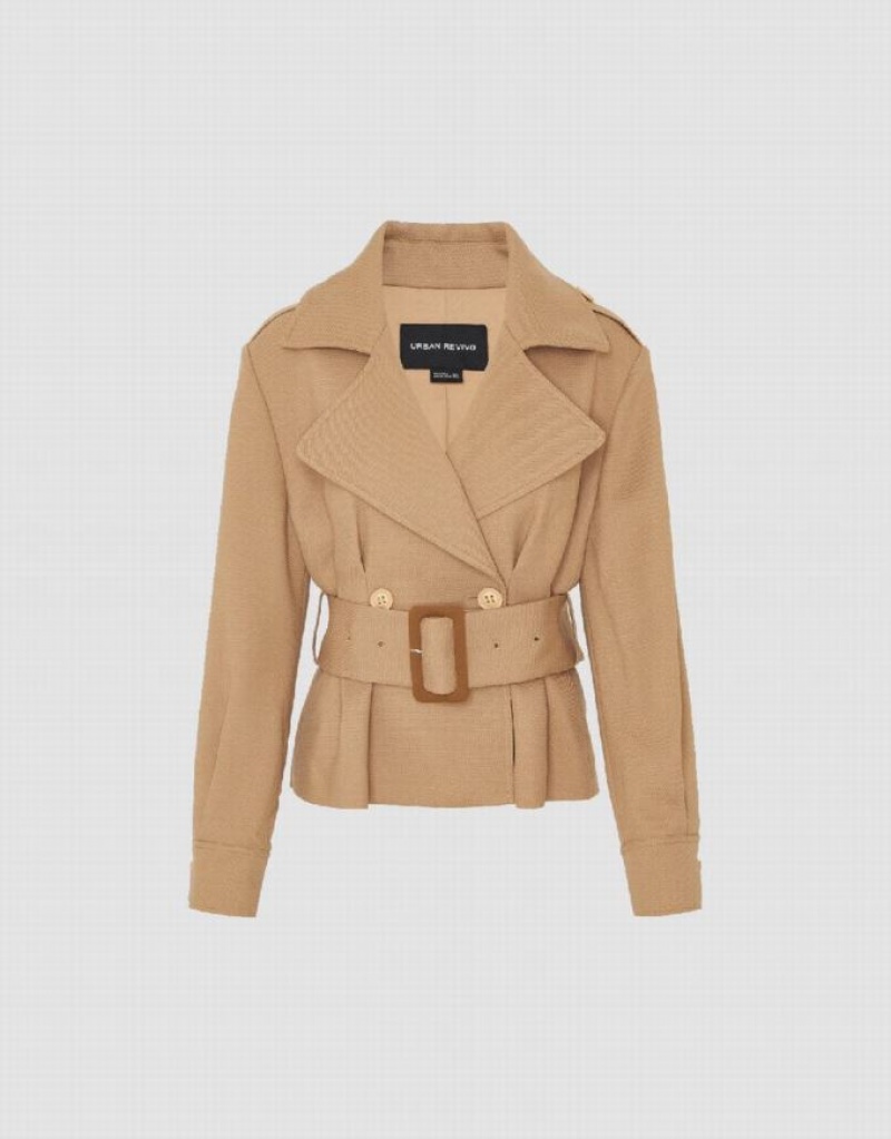 Light Khaki Urban Revivo Notch Lapel Skater With Belt Women's Jacket | LIBNDU-937