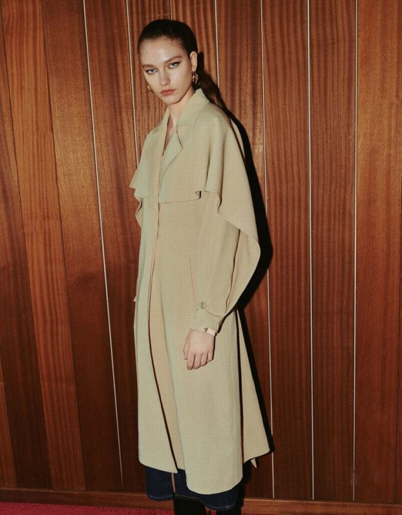 Light Khaki Urban Revivo Notch Lapel With Belt Women's Coats | BPCMVD-647