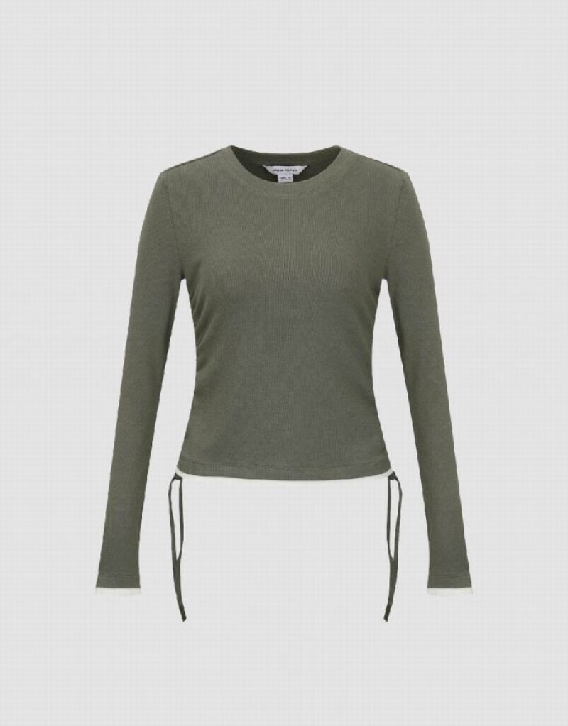 Olive Urban Revivo Crew Neck Skinny Women\'s T-Shirts | WPZLNX-965