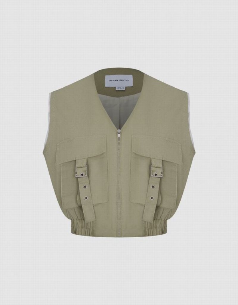 Olive Urban Revivo Utilities V-Neck Women\'s Vest | EMSIHV-431