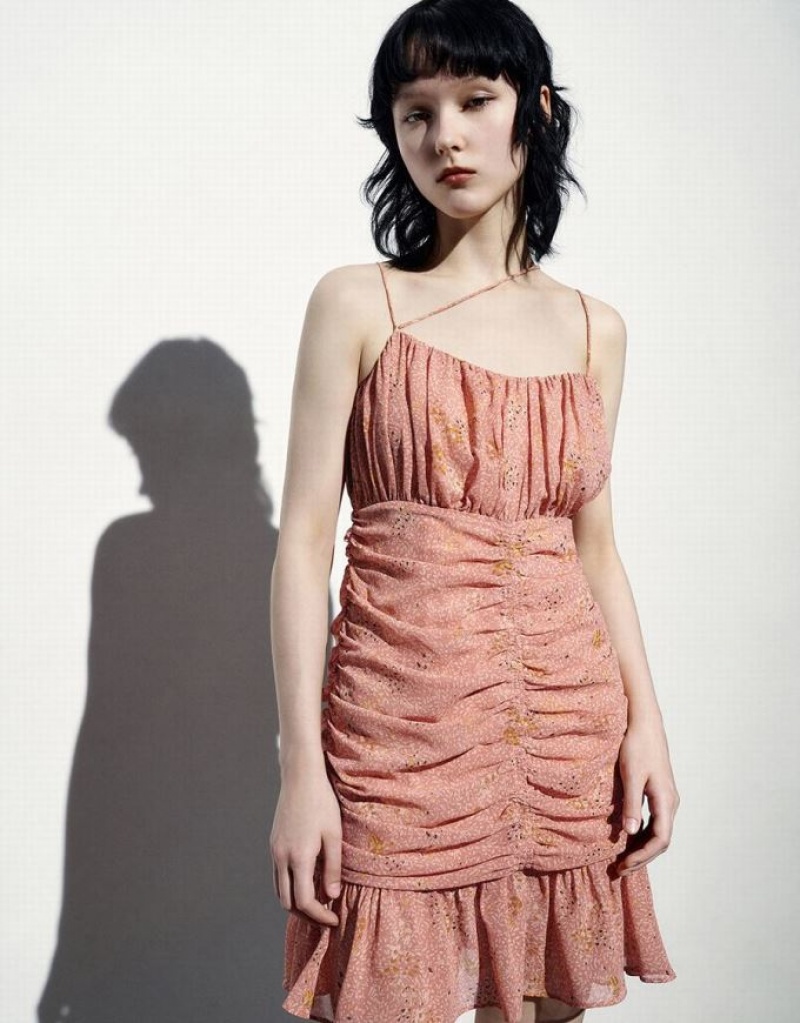 Orange Urban Revivo Floral Printed Ruched Straight Cami Women's Dress | QZOCMH-918