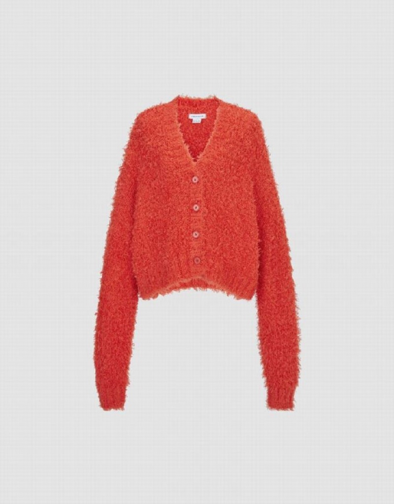 Orange Urban Revivo Furry V-Neck Knitted Women's Cardigan | JXMQEI-729