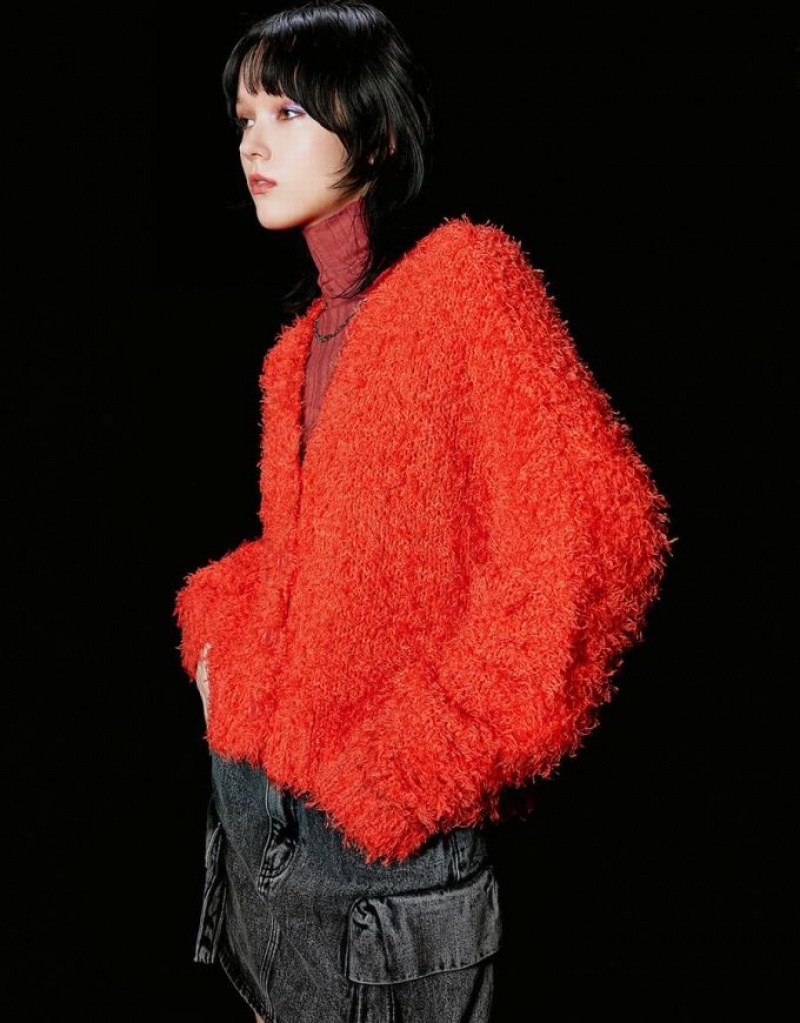 Orange Urban Revivo Furry V-Neck Knitted Women's Cardigan | JXMQEI-729