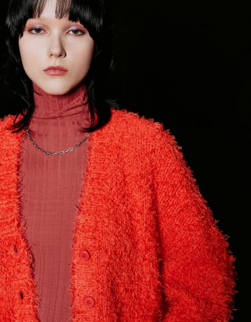 Orange Urban Revivo Furry V-Neck Knitted Women's Cardigan | JXMQEI-729