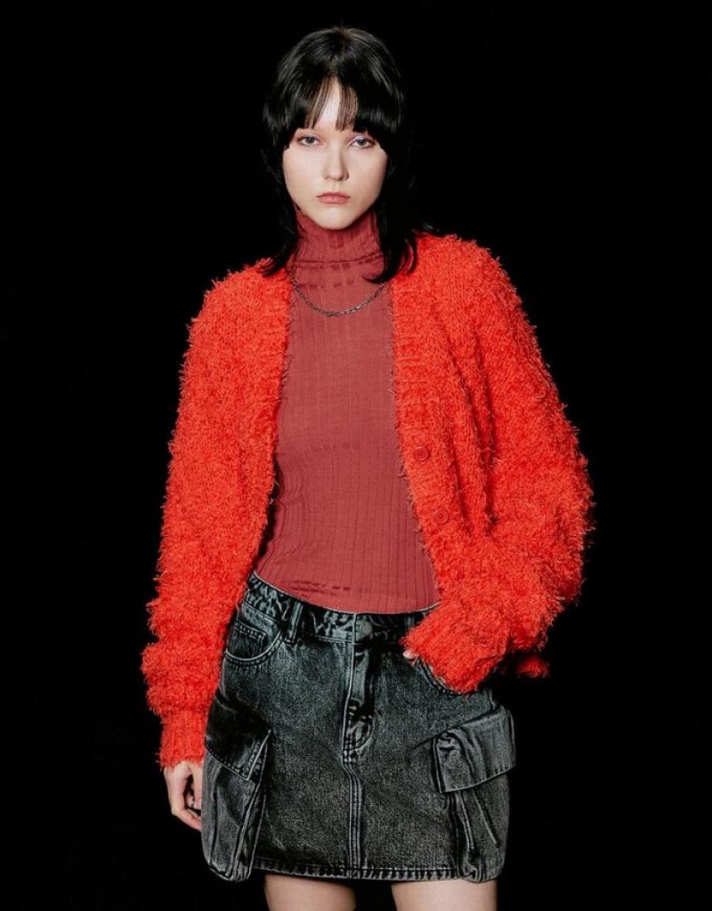 Orange Urban Revivo Furry V-Neck Knitted Women\'s Cardigan | JXMQEI-729