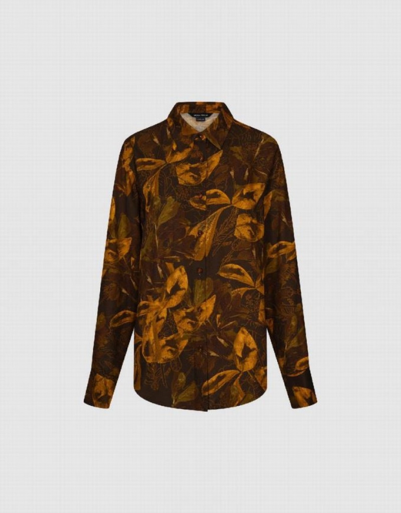 Orange Urban Revivo Printed Button Up Straight Women's Shirts | QWOGDJ-057