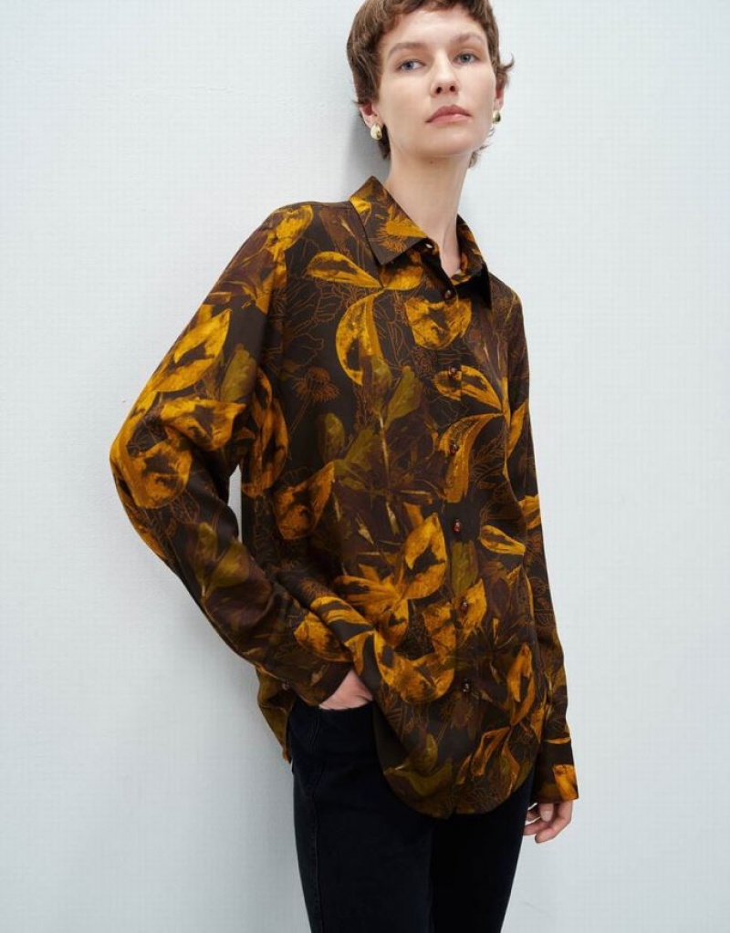 Orange Urban Revivo Printed Button Up Straight Women's Shirts | QWOGDJ-057