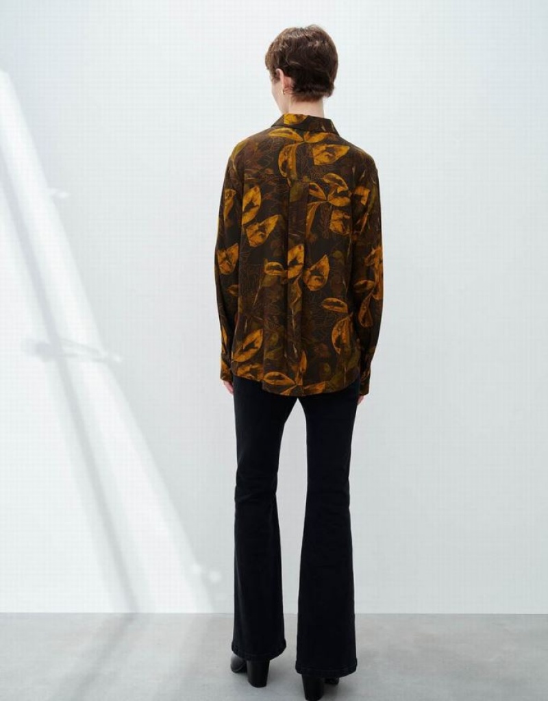 Orange Urban Revivo Printed Button Up Straight Women's Shirts | QWOGDJ-057