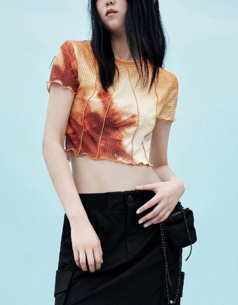 Orange Urban Revivo Printed Crew Neck Skinny Women's T-Shirts | JARHKE-356