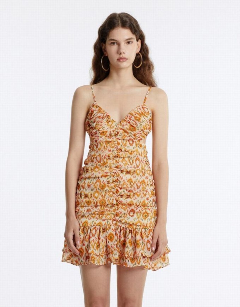 Orange Urban Revivo Ruffled Chiffon Printed Women's Casual Dress | GUXPCV-478