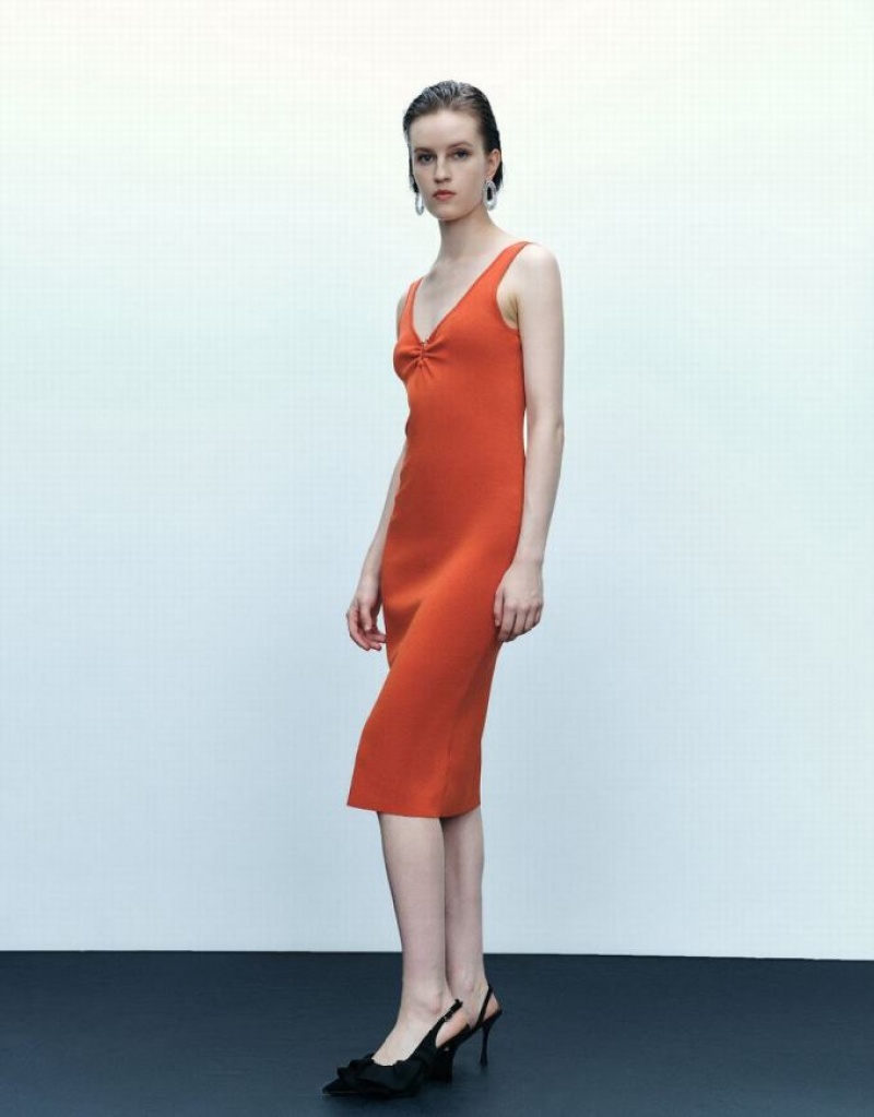 Orange Urban Revivo Sleeveless V-Neck Women's Knitted Dress | ADJMQW-602