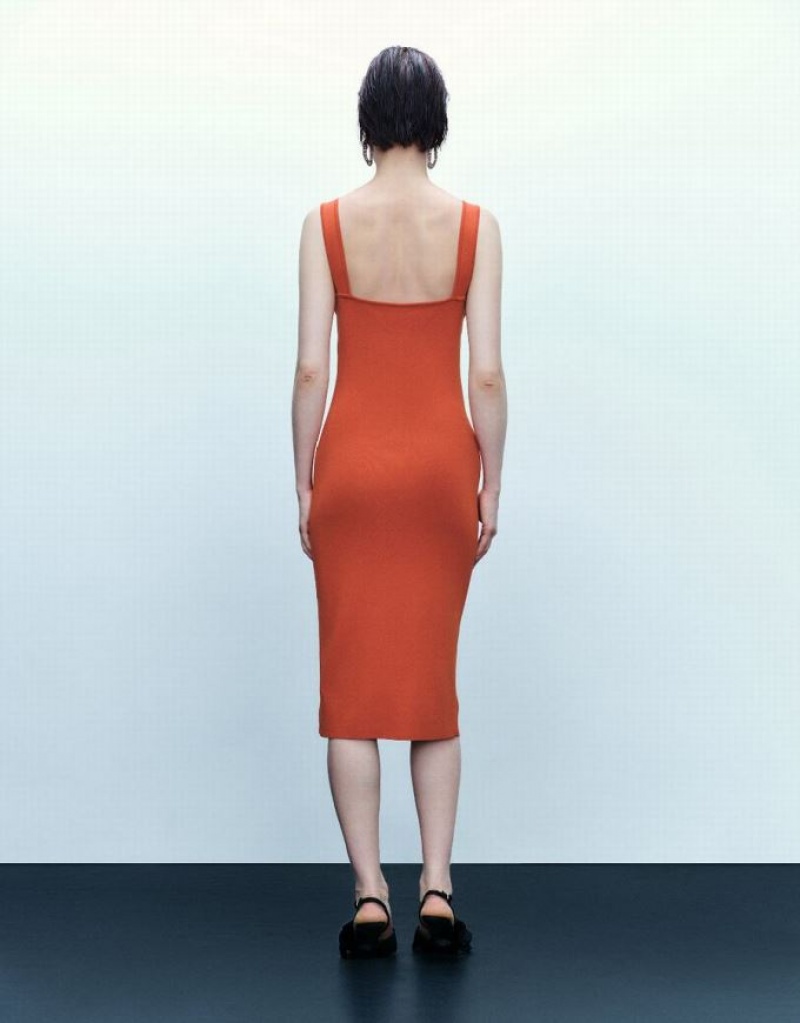 Orange Urban Revivo Sleeveless V-Neck Women's Knitted Dress | ADJMQW-602
