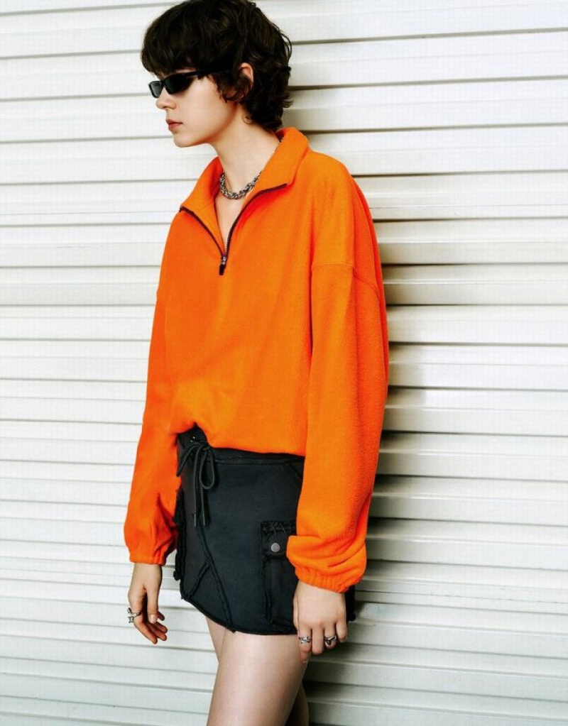 Orange Urban Revivo Zip Half Placket Stand Collar Women's Sweatshirts | HMRCDA-591