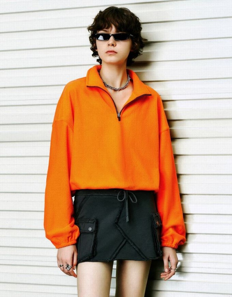 Orange Urban Revivo Zip Half Placket Stand Collar Women\'s Sweatshirts | HMRCDA-591