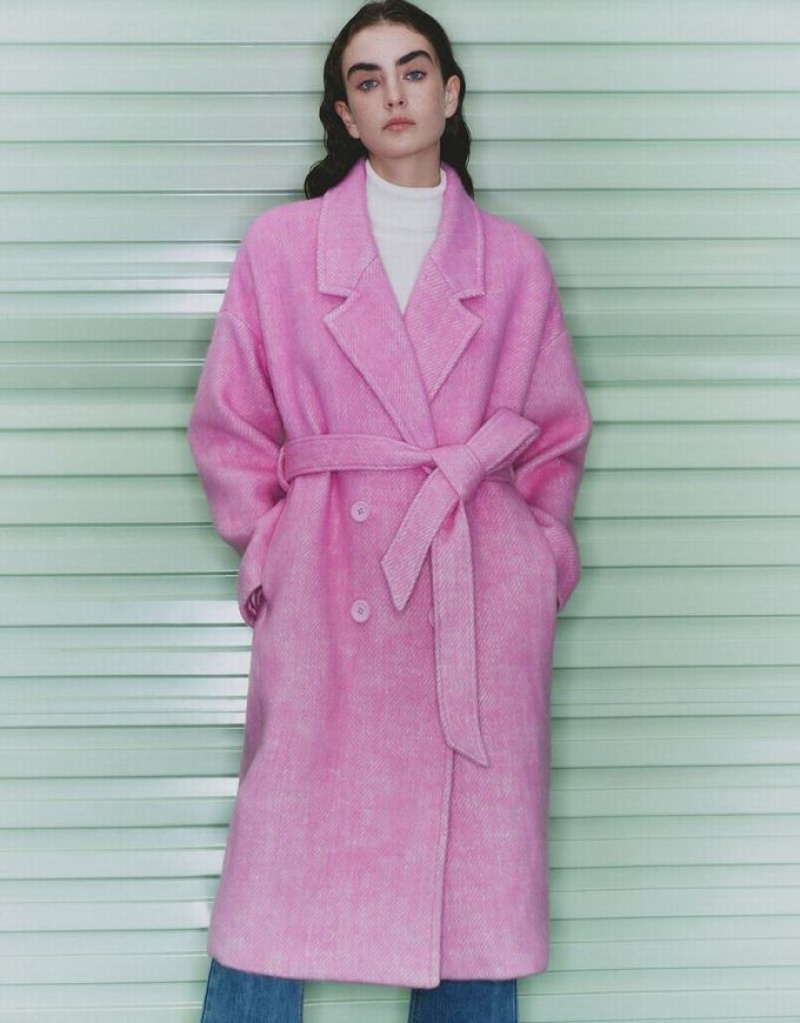Pink Urban Revivo Belted Woolen Women's Coats | XYIQOV-362