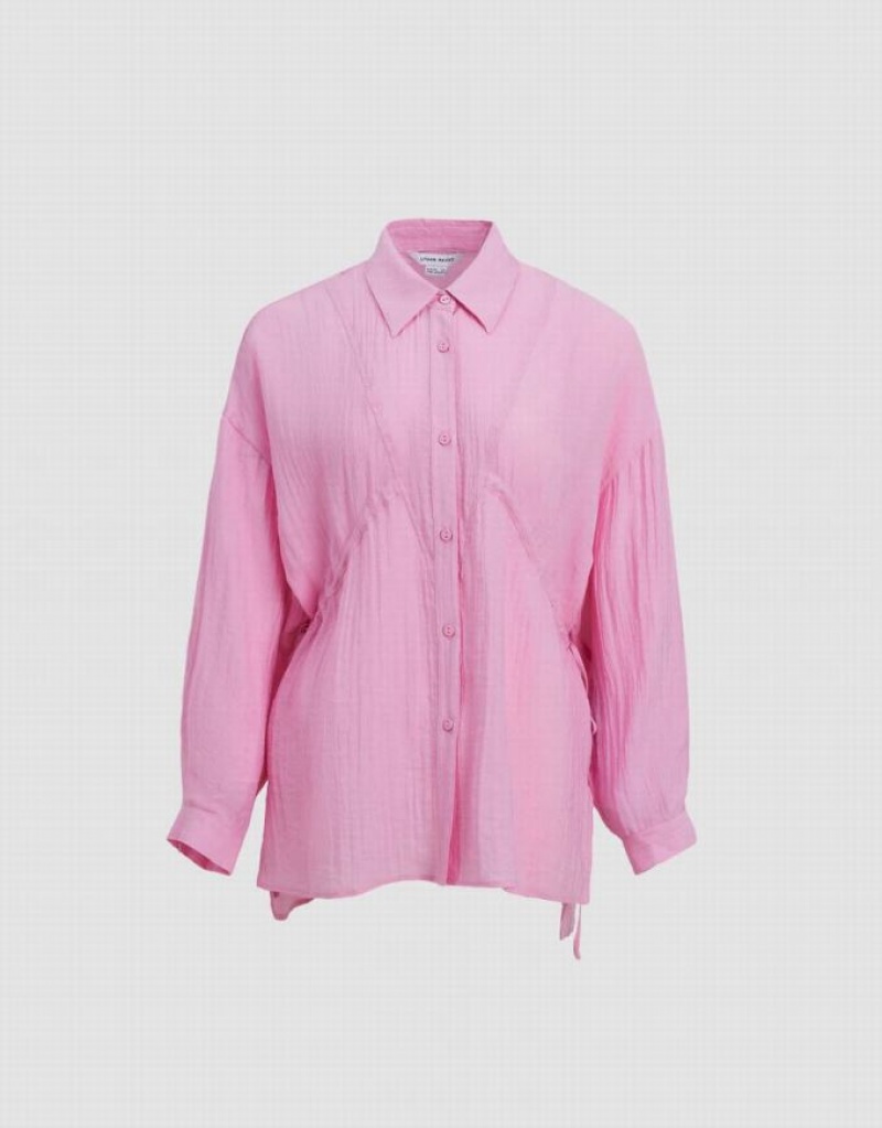 Pink Urban Revivo Button Up Loose A-Line Women's Shirts | BFXQVG-098