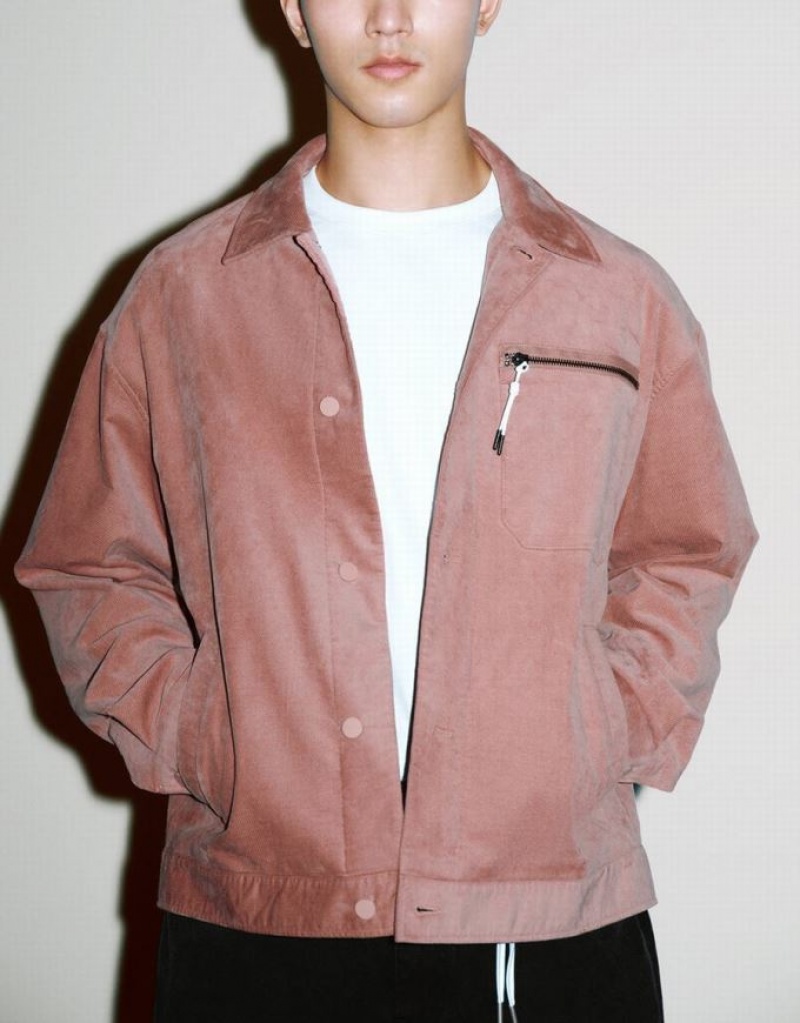 Pink Urban Revivo Button Up Loose Men's Jacket | MNSRIF-683