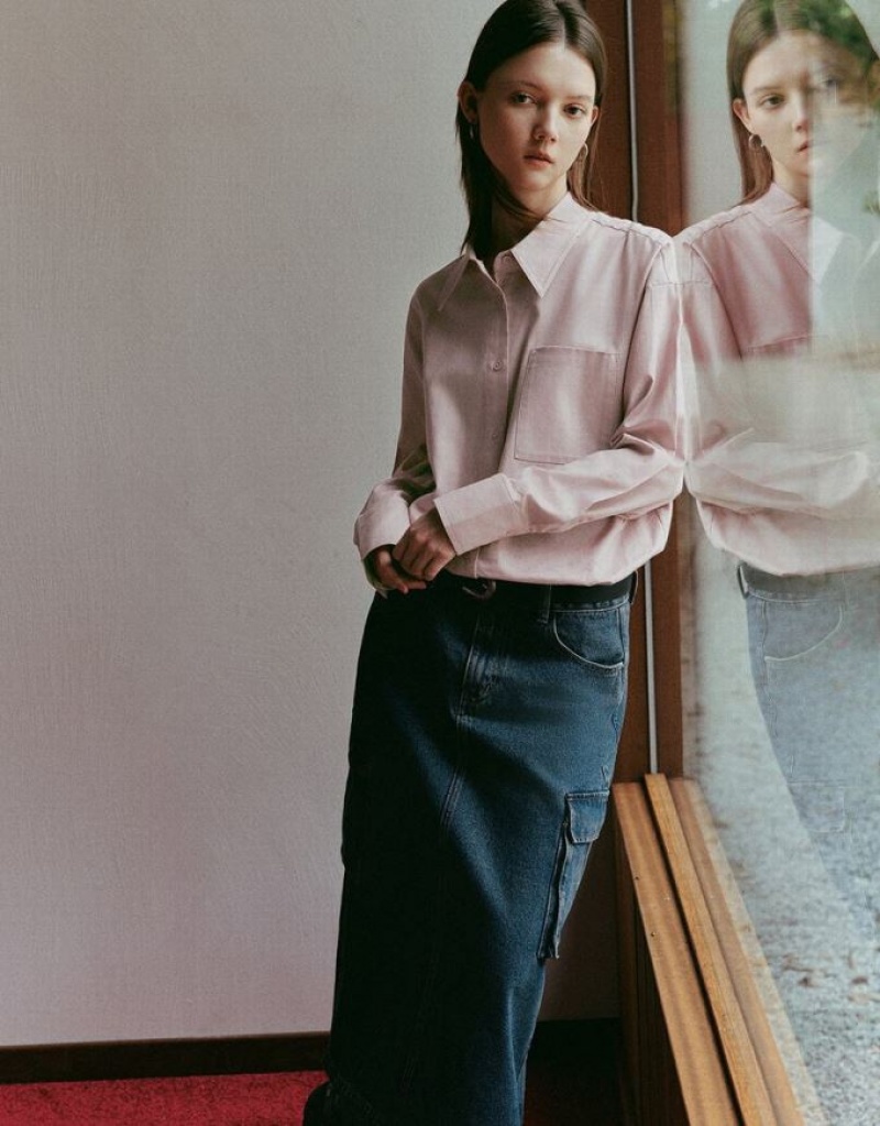 Pink Urban Revivo Button Up Straight Women's Shirts | IBWKFA-381