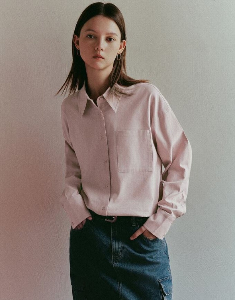Pink Urban Revivo Button Up Straight Women\'s Shirts | IBWKFA-381