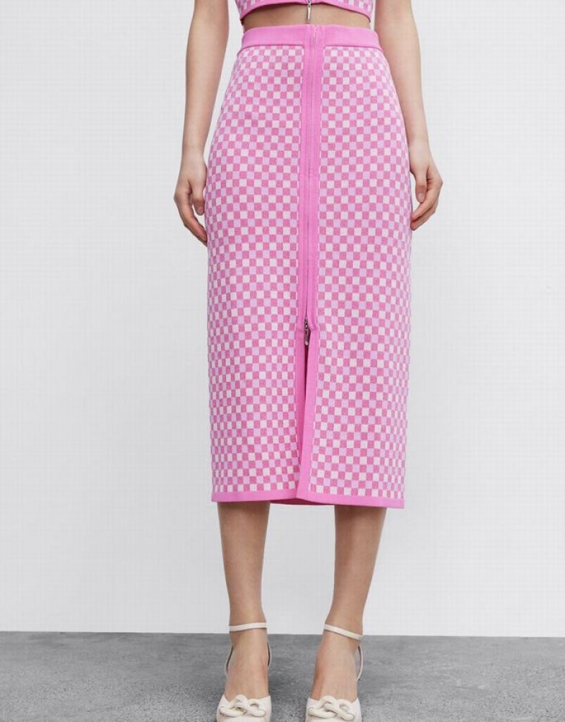 Pink Urban Revivo Checkered Midi Straight Knitted Women's Skirts | AKOZVJ-874
