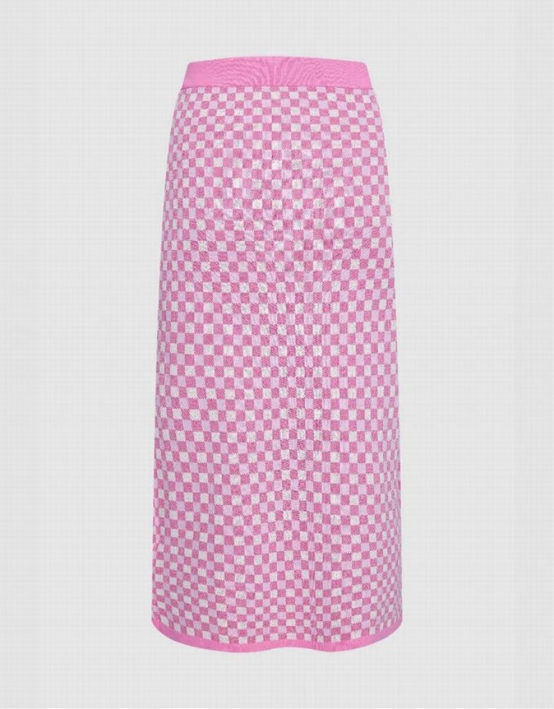 Pink Urban Revivo Checkered Midi Straight Knitted Women's Skirts | AKOZVJ-874
