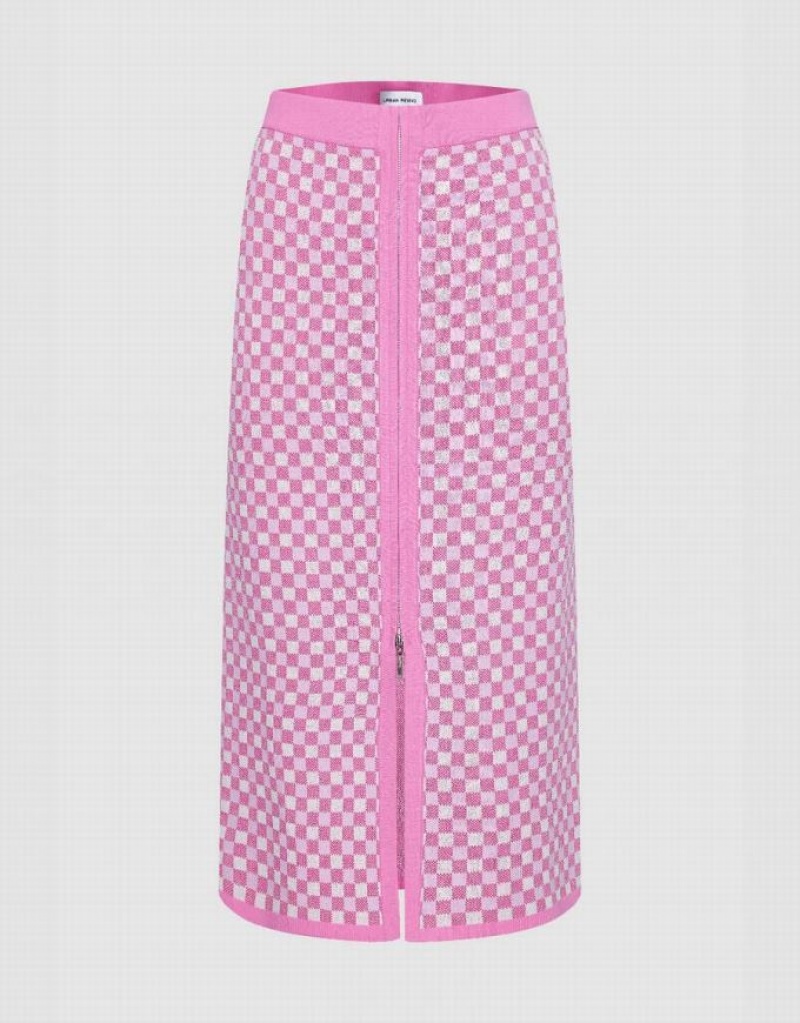Pink Urban Revivo Checkered Midi Straight Knitted Women\'s Skirts | AKOZVJ-874