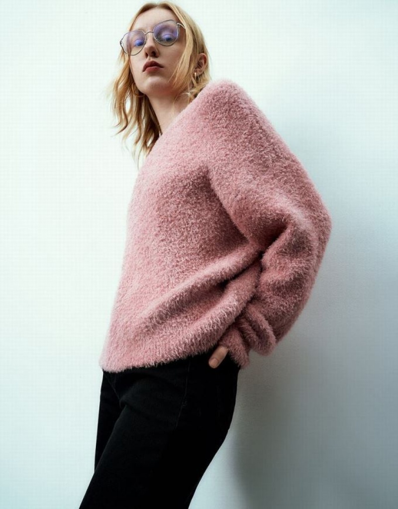 Pink Urban Revivo Crew Neck Knitted Women's Cardigan | SXOFYR-325