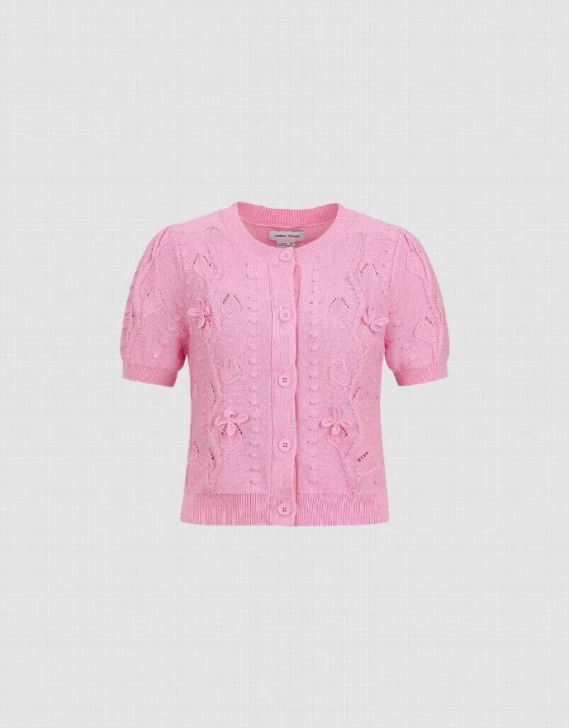 Pink Urban Revivo Crew Neck Knitted Women's Cardigan | QGZPAF-015