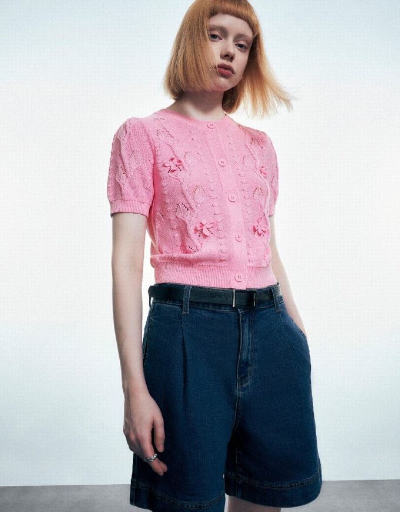 Pink Urban Revivo Crew Neck Knitted Women's Cardigan | QGZPAF-015