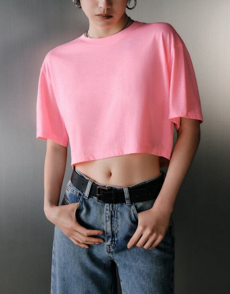 Pink Urban Revivo Crew Neck Loose Women's T-Shirts | AEWHFQ-973
