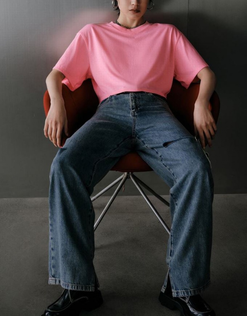 Pink Urban Revivo Crew Neck Loose Women's T-Shirts | AEWHFQ-973