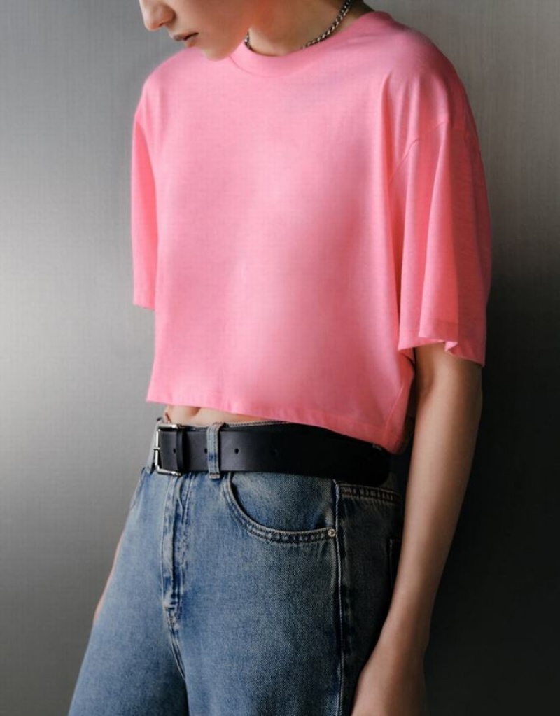 Pink Urban Revivo Crew Neck Loose Women's T-Shirts | AEWHFQ-973