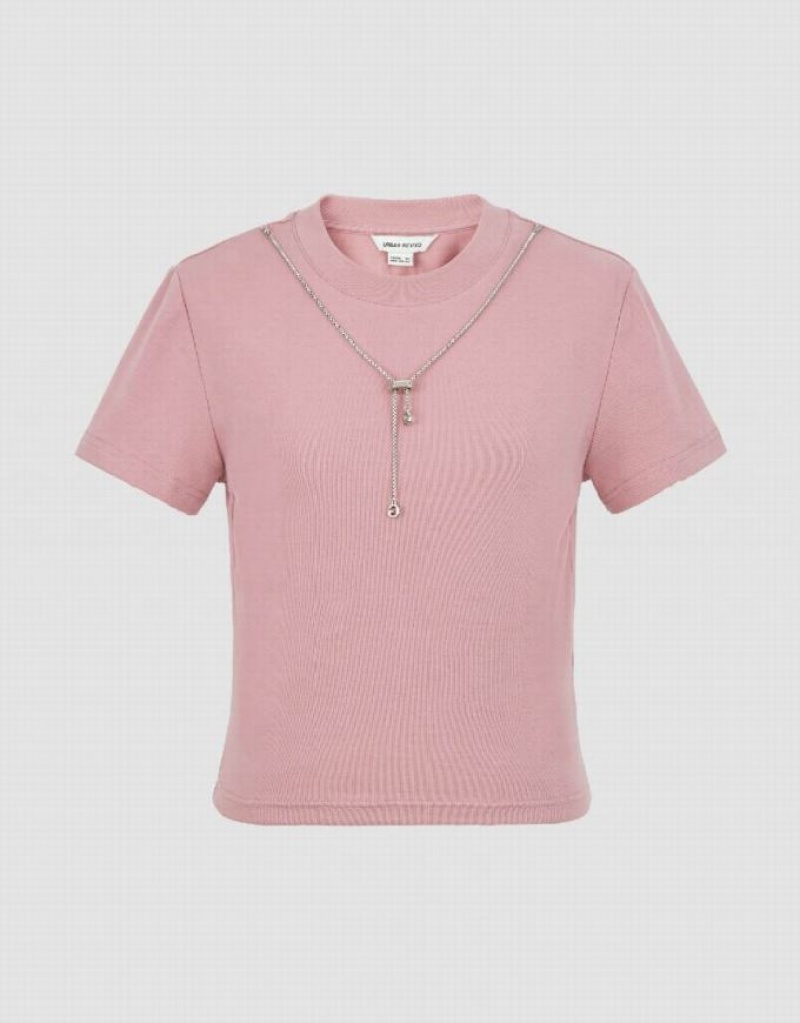Pink Urban Revivo Crew Neck Skinny With Necklace Women's T-Shirts | BRSMUH-708