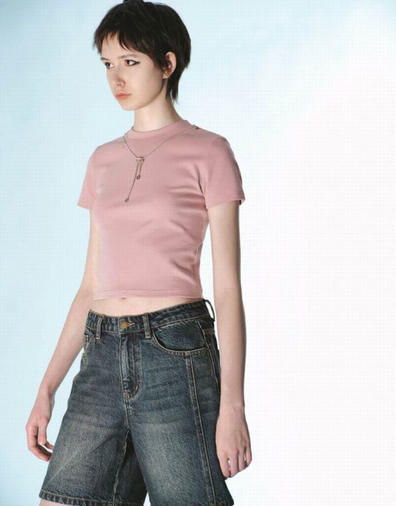 Pink Urban Revivo Crew Neck Skinny With Necklace Women's T-Shirts | BRSMUH-708