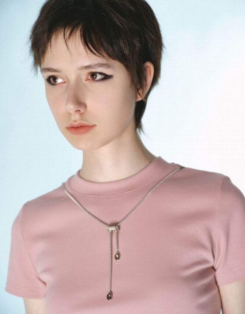 Pink Urban Revivo Crew Neck Skinny With Necklace Women's T-Shirts | BRSMUH-708