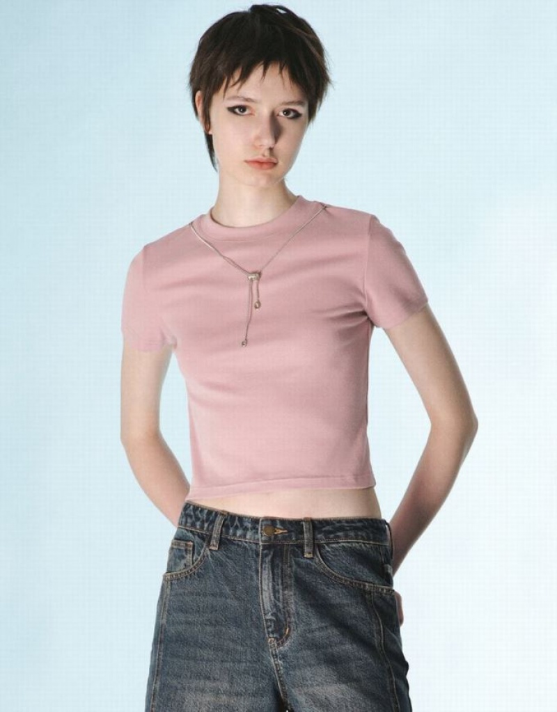 Pink Urban Revivo Crew Neck Skinny With Necklace Women\'s T-Shirts | BRSMUH-708