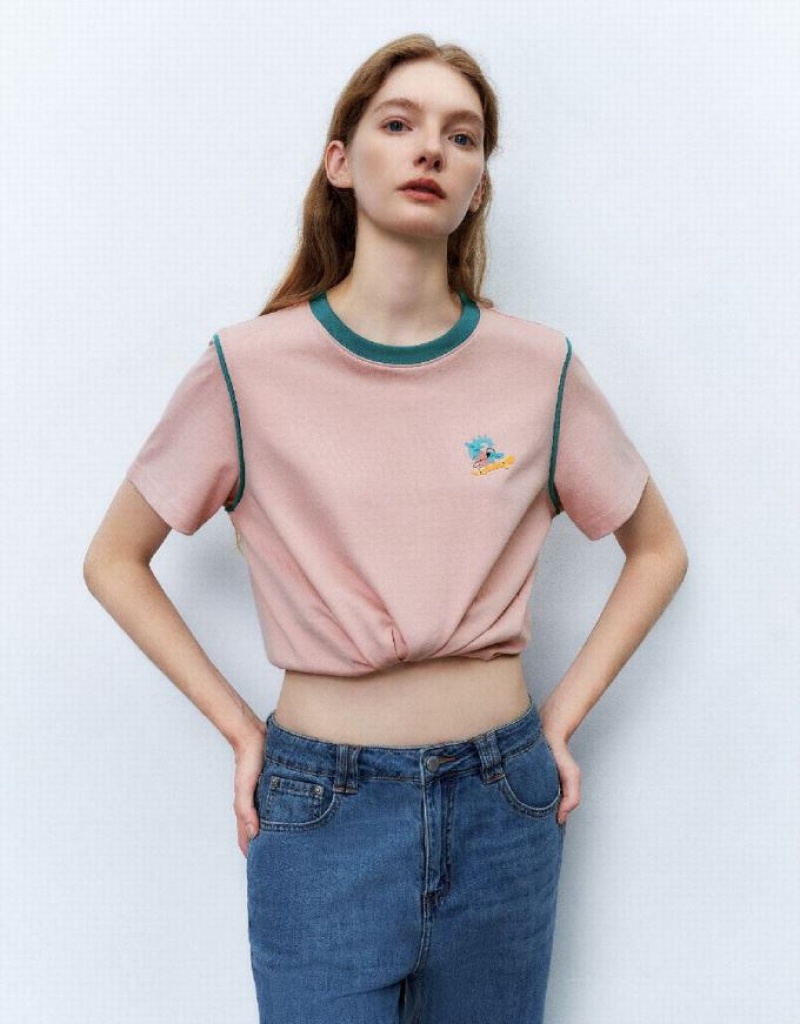 Pink Urban Revivo Crew Neck Straight Women\'s T-Shirts | AEZGBS-148