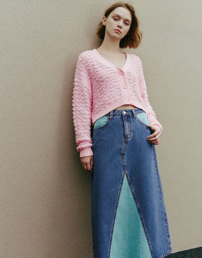 Pink Urban Revivo Drop Shoulder Sleeve V-Neck Knitted Women's Cardigan | REVKQT-549