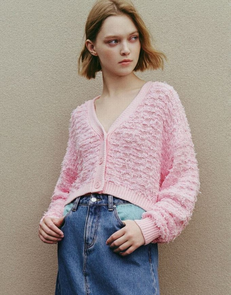 Pink Urban Revivo Drop Shoulder Sleeve V-Neck Knitted Women\'s Cardigan | REVKQT-549