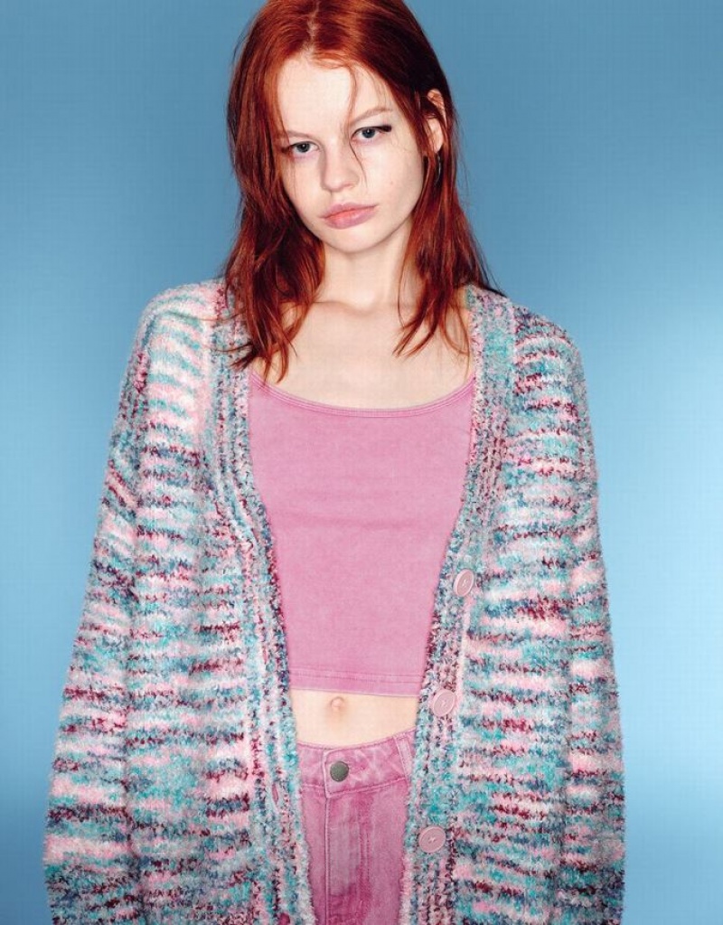 Pink Urban Revivo Drop Shoulder Sleeve Knitted Women's Cardigan | DICSZB-162