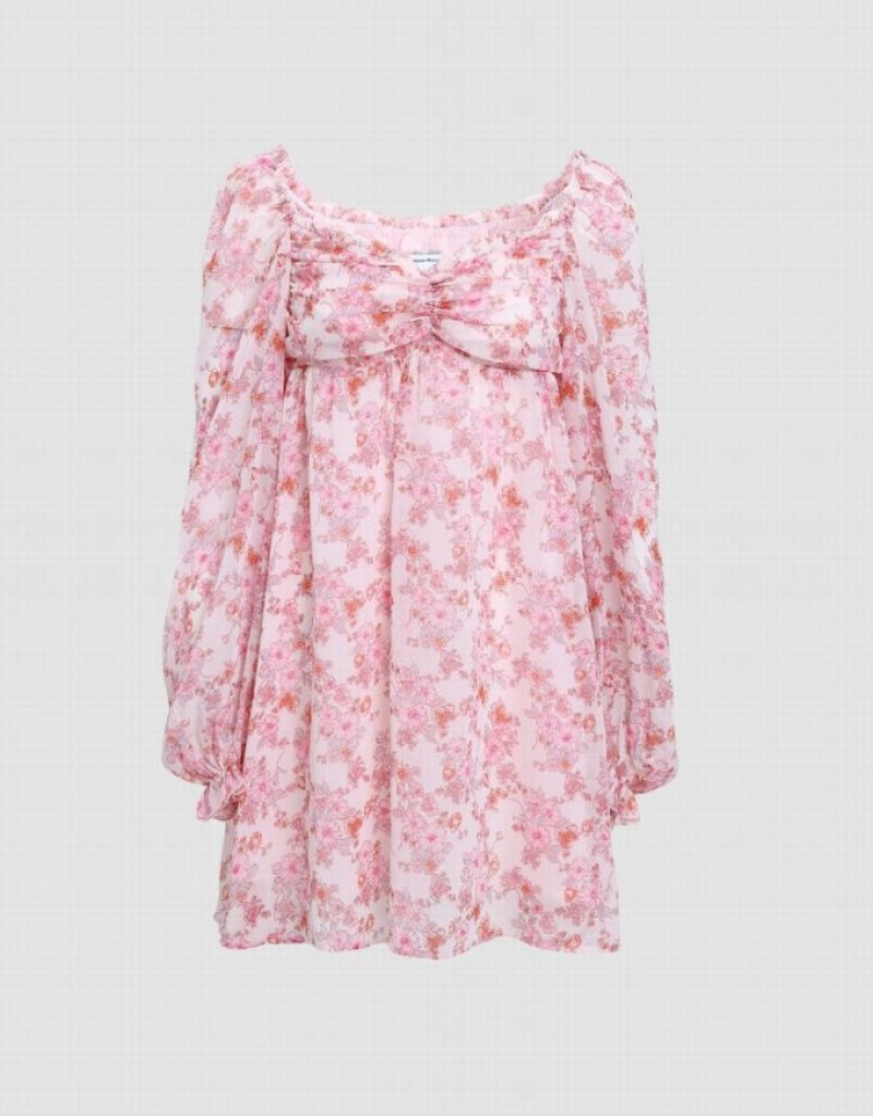 Pink Urban Revivo Floral Square-cut Collar Women's Short Dress | OIUKXT-965