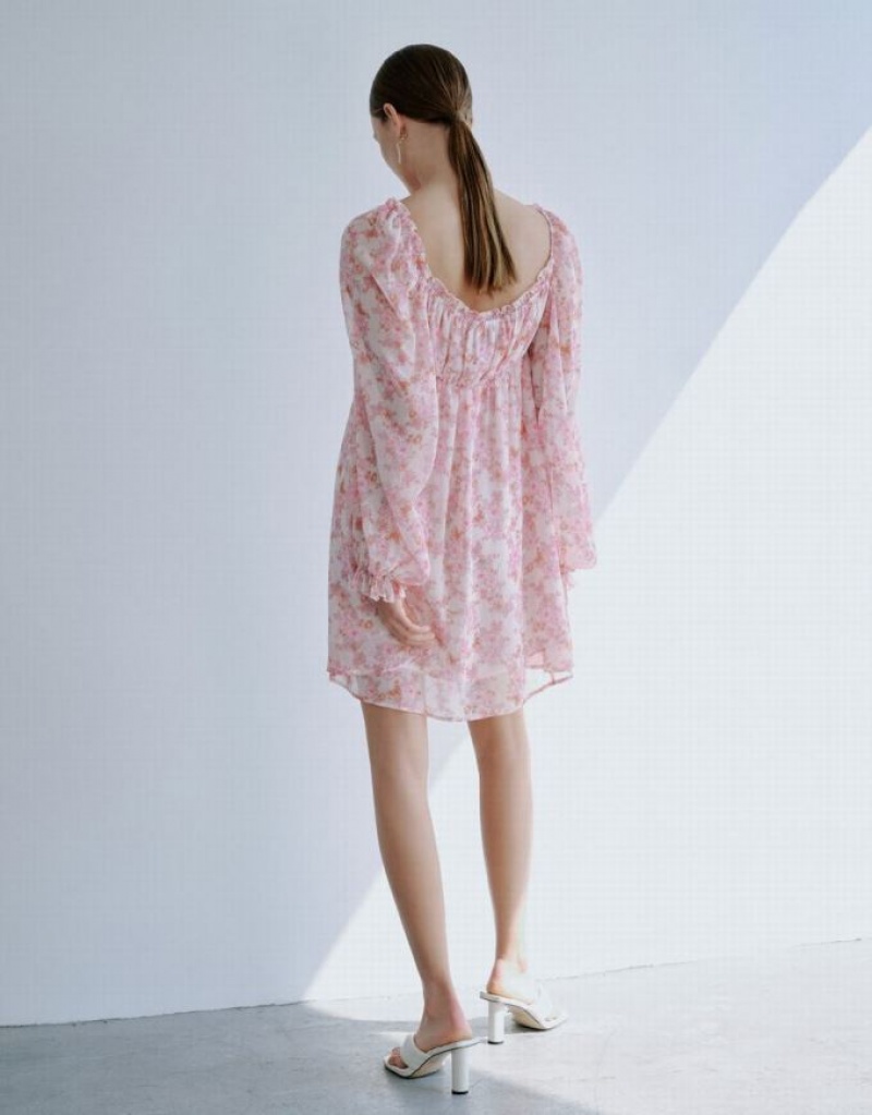 Pink Urban Revivo Floral Square-cut Collar Women's Short Dress | OIUKXT-965