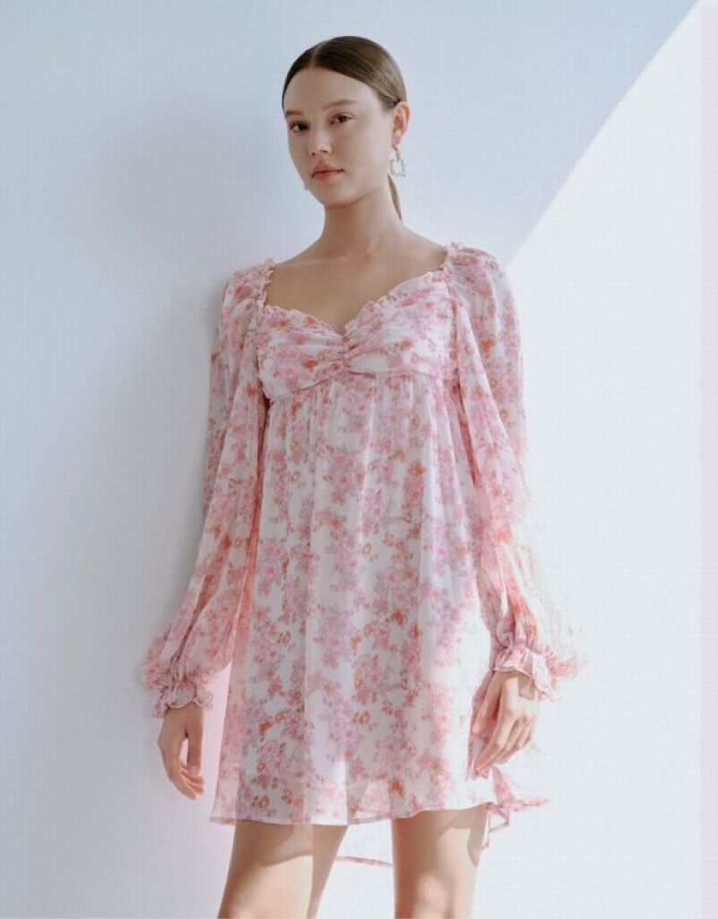 Pink Urban Revivo Floral Square-cut Collar Women\'s Short Dress | OIUKXT-965