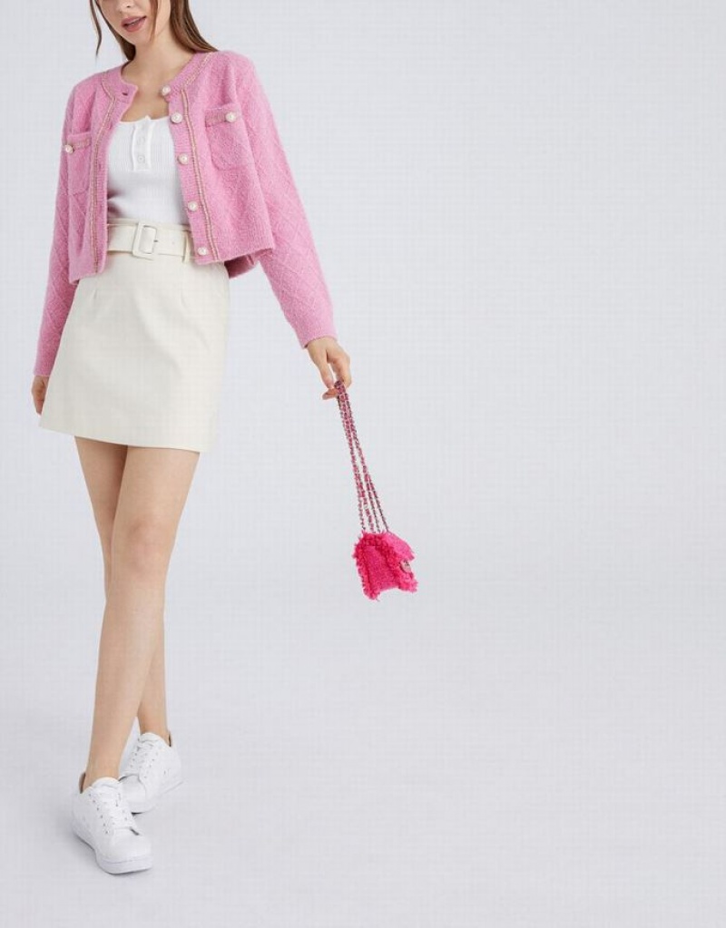 Pink Urban Revivo Fluffy Contrast Trim Faux Pearl Button Women's Cardigan | TKMBQG-963