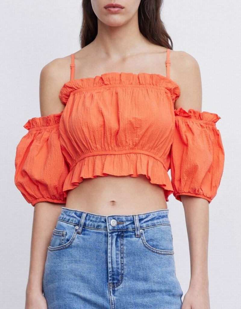 Pink Urban Revivo Frill Trim Cold Shoulder Women's Blouse | WPGKQT-704